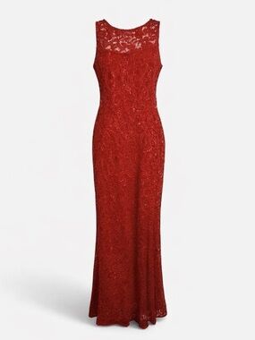 Marina Red Lace Beaded Evening Gown, Size 8